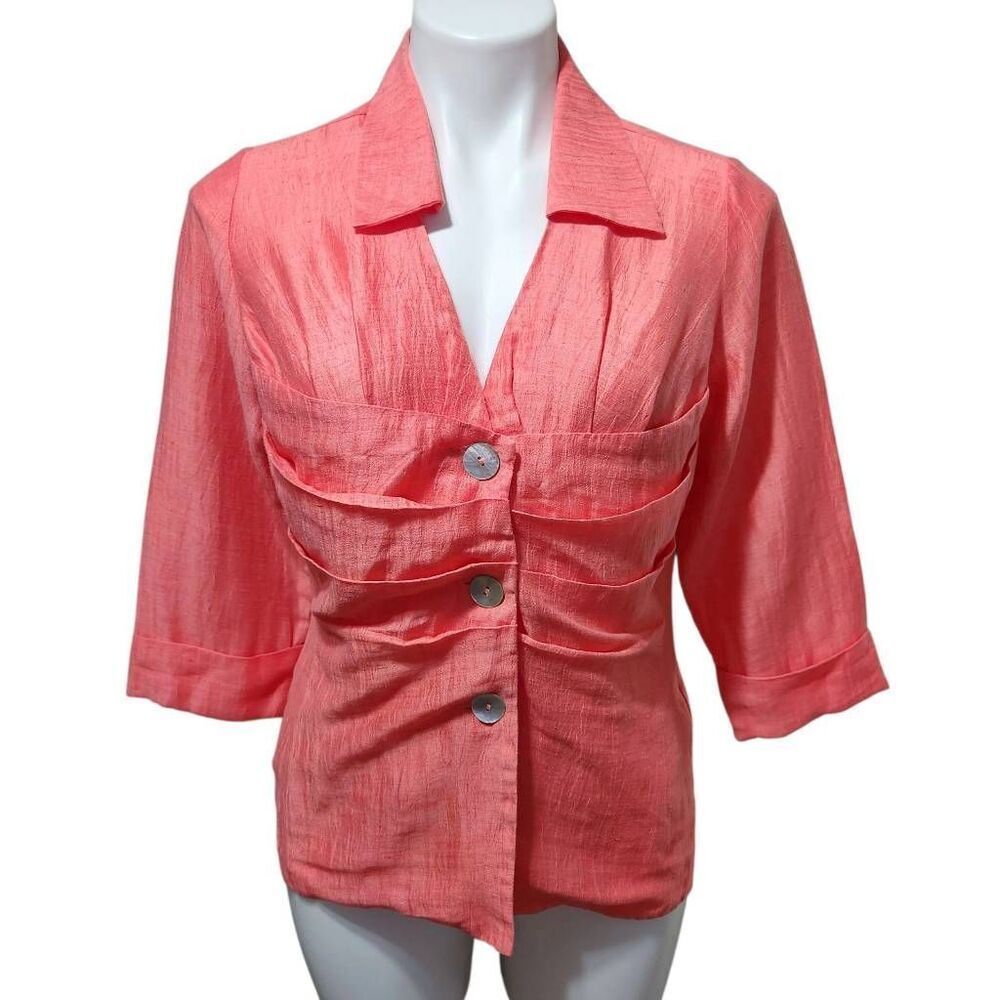 Farinaz Taghavi linen blend vest neck collared button scrunched blouse 6